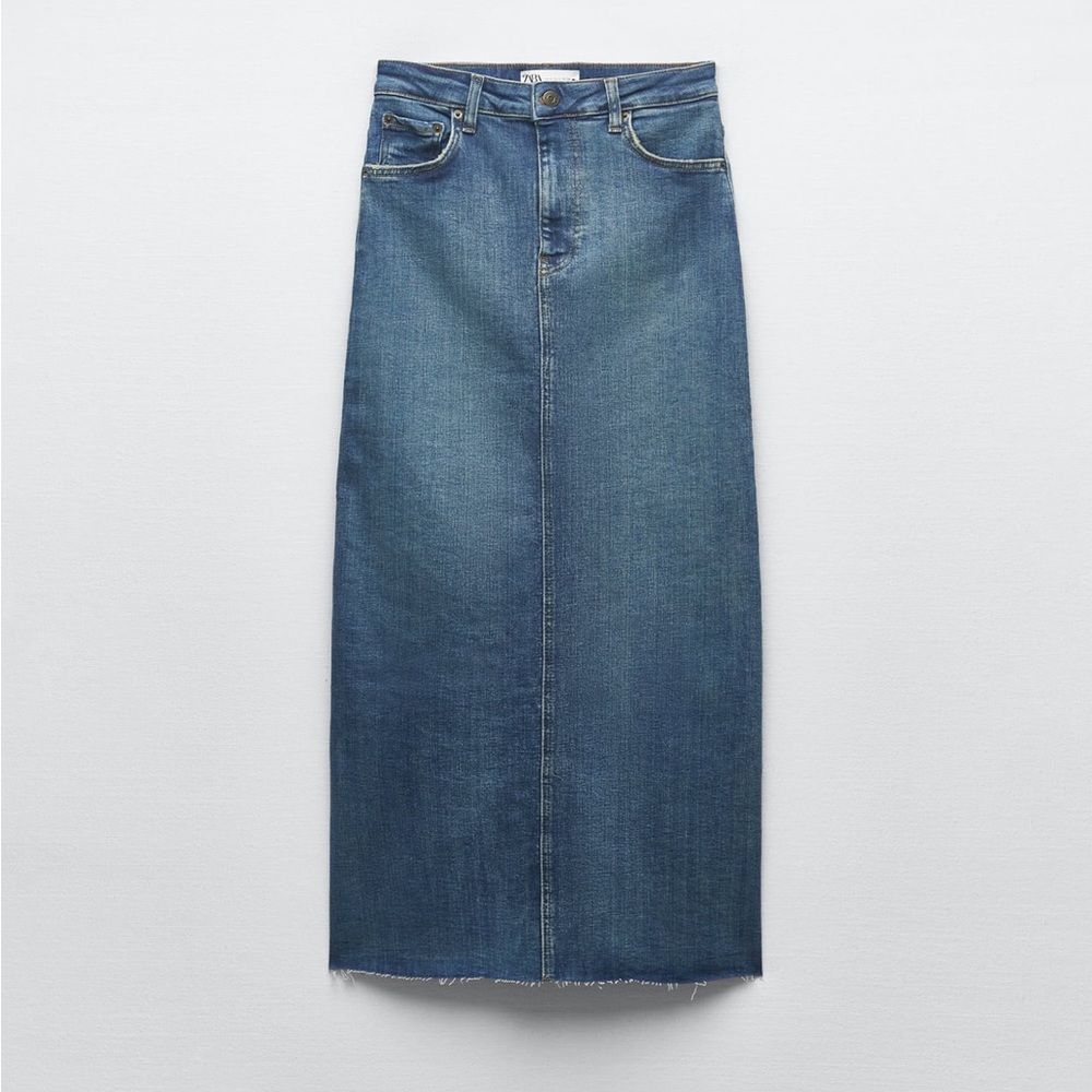 ZARA Denim Maxi Midi Medium Blue ZW Stretch Pencil Skirt